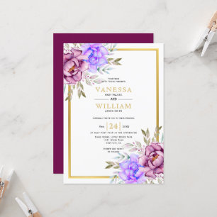 Purple watercolor flowers gold frame wedding invitation