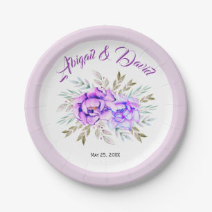 Purple watercolor flowers lilac wedding paper plate