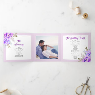 Purple watercolor flowers lilac wedding photo Tri-Fold programme