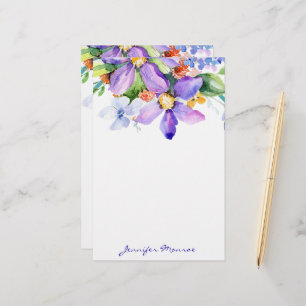 Purple watercolor flowers personalized stationery