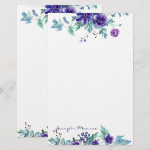 Purple watercolor flowers personalized stationery