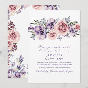 Purple Watercolor Flowers Romantic Birthday Party Invitation