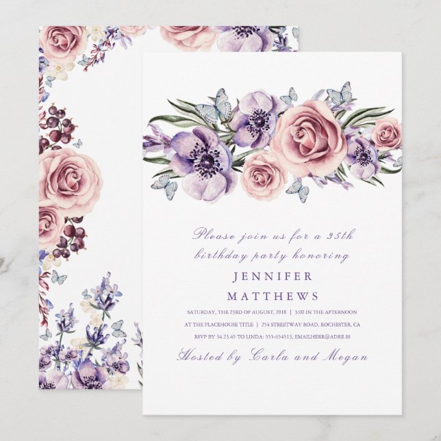 Purple Watercolor Flowers Romantic Birthday Party Invitation (Front/Back)