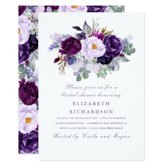 Purple Watercolor Flowers Romantic Bridal Shower Card