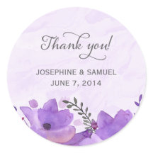 Purple Watercolor Flowers Round Stickers