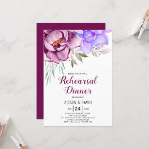 Purple watercolor flowers wedding rehearsal dinner invitation