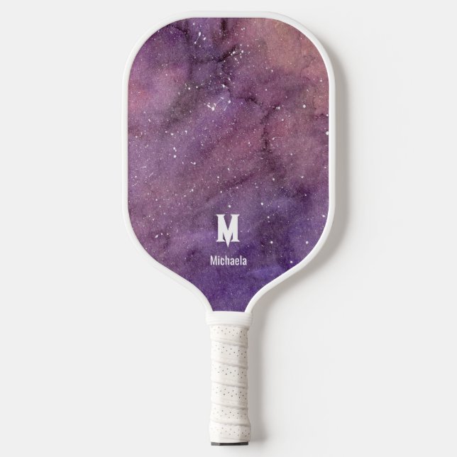 Purple Watercolor Galaxy Monogram Pickleball Paddle (Front)