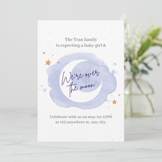 Purple Watercolor girl Baby Shower Invitation  (Standing Front)