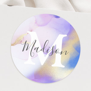 Purple Watercolor Glam Personalized Name Monogram Classic Round Sticker