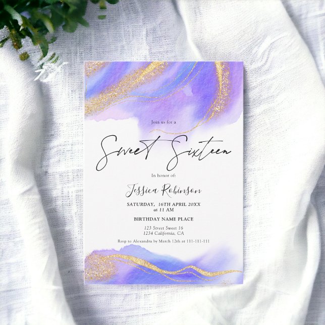 Purple watercolor gold glitter photo Sweet 16 Invitation (Purple watercolor gold glitter photo Sweet 16 Invitation)