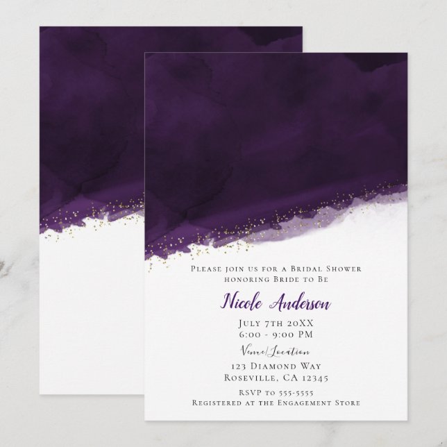 Purple Watercolor Gold Modern Chic Bridal Shower Invitation (Front/Back)