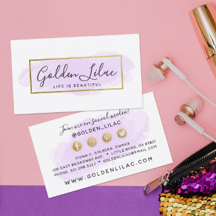 Purple Watercolor & Gold Social Media Network Business Card