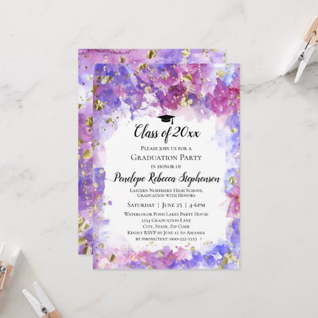 Purple Watercolor Gold Splatter Graduation Party Invitation (Front/Back In Situ)