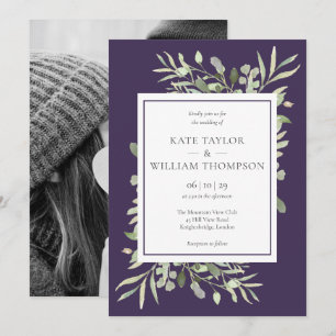 Purple Watercolor Greenery Leaves Photo Wedding Invitation