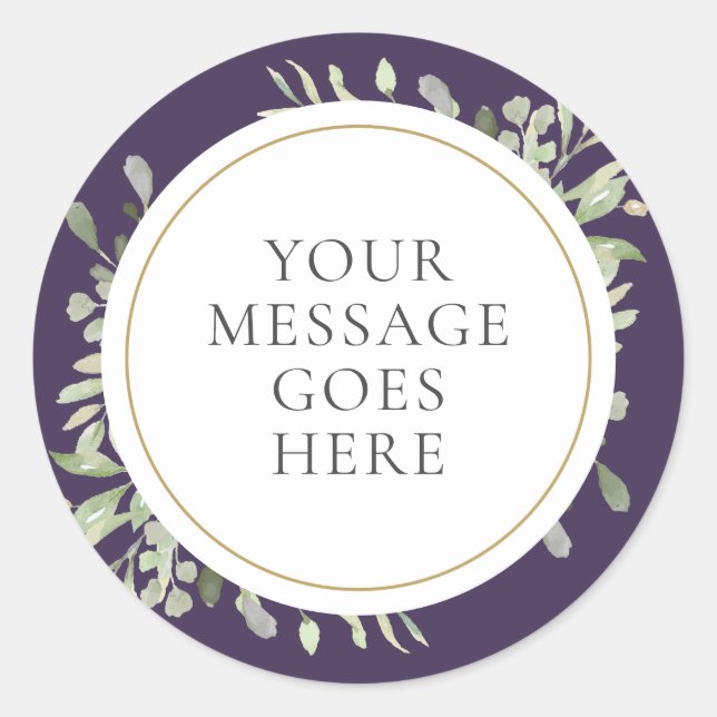 Purple Watercolor Greenery Wedding Classic Round Sticker (Front)