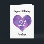 Purple Watercolor Heart 21st Birthday Card<br><div class="desc">Purple watercolor heart 21st birthday card for daughter,  goddaughter,  niece,  etc. You will be able to easily personalize the front with her name. The inside card message and back of the card can also be personalize. This personalized 21st birthday card for her would make a wonderful birthday keepsake.</div>