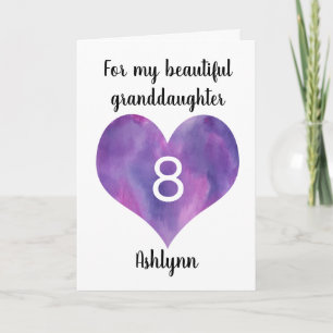 Purple Watercolor Heart 8th Birthday Card