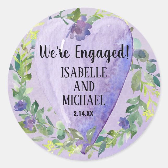Purple Watercolor Heart and Flowers Engagement Classic Round Sticker (Front)