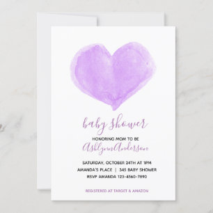 Purple Watercolor Heart Baby Shower Invitation