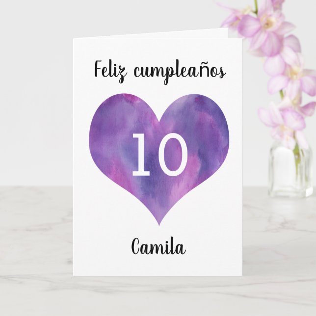 Purple Watercolor Heart Spanish 10th Birthday Card (Orchid)