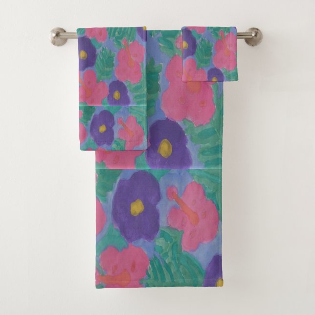 Purple Watercolor Hibiscus Bath Towel Set (Insitu)
