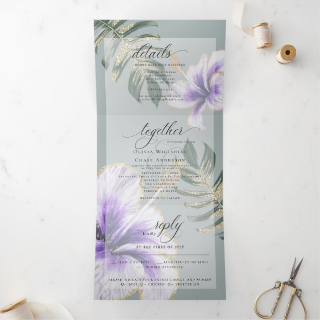 Purple Watercolor Hibiscus Floral Wedding Tri-Fold (Inside)