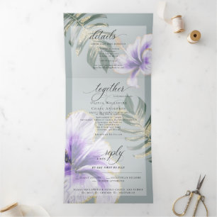 Purple Watercolor Hibiscus Floral Wedding Tri-Fold Invitation