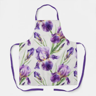 Purple Watercolor Iris Floral Botanical  Apron