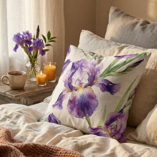 Purple Watercolor Iris Floral Botanical  Throw Pillow