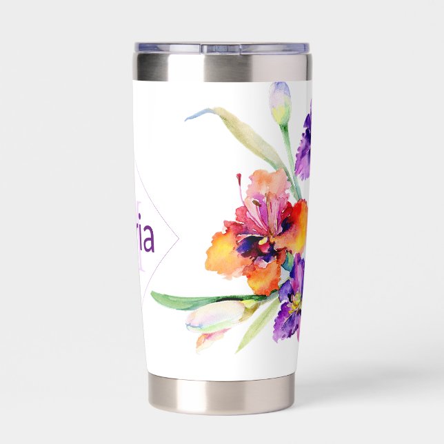 Purple watercolor Iris personalized Coffee Mug Insulated Tumbler (Back)