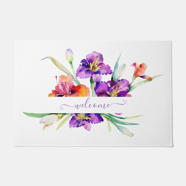 Purple watercolor Iris personalized  Doormat (Front)