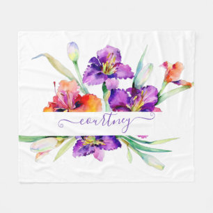 Purple watercolor Iris personalized Fleece Blanket