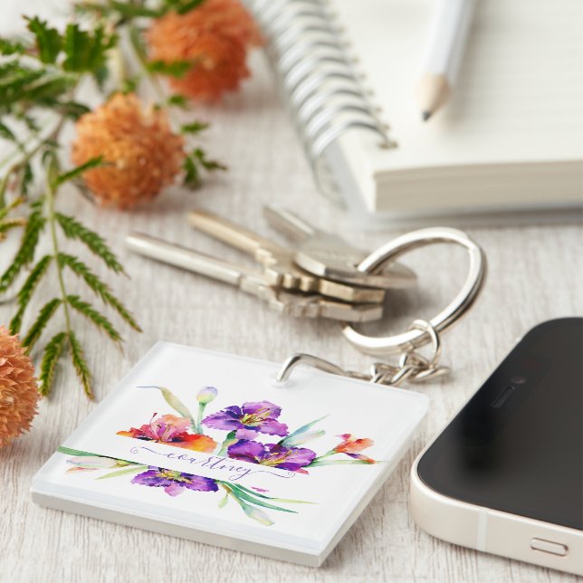 Purple watercolor Iris personalized  Keychain (Front Right)
