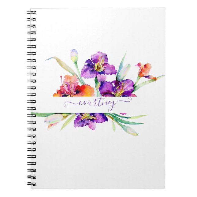 Purple watercolor Iris personalized  Notebook (Front)