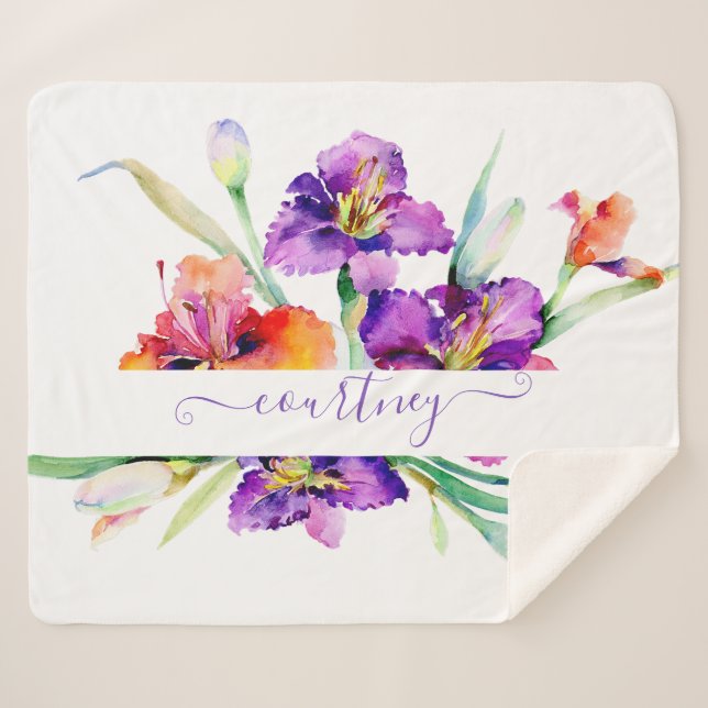 Purple watercolor Iris personalized  Sherpa Blanket (Front (Horizontal))