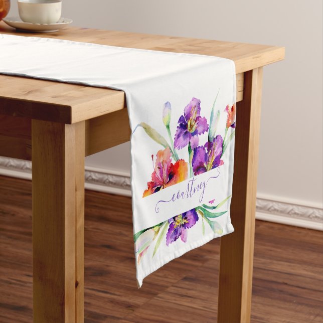 Purple watercolor Iris personalized  Short Table Runner (In Situ)
