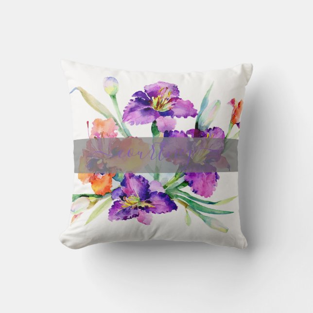 Purple watercolor Iris personalized  Throw Pillow (Front)