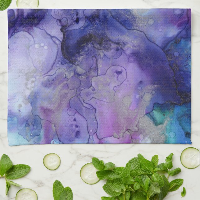 Purple watercolor kitchen towel (Folded)