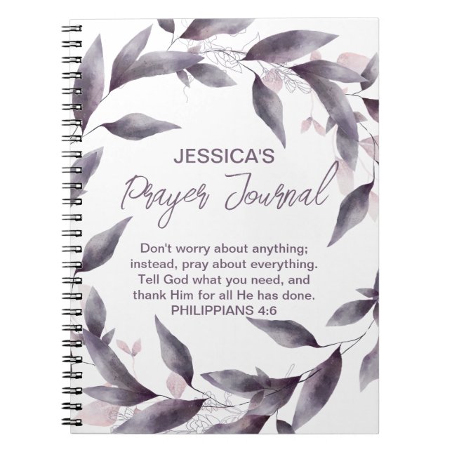 Purple Watercolor Leaves Customized Prayer Journal (Front)