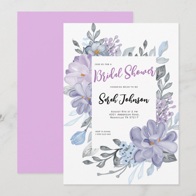 Purple Watercolor Lilac Flowers Bridal Shower  Invitation (Front/Back)