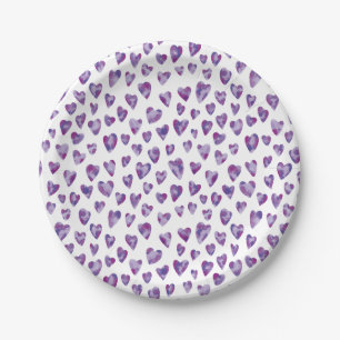 Purple Watercolor Love Heart Pattern Paper Plate