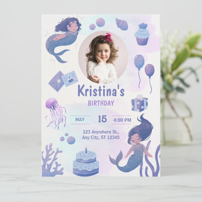 Purple Watercolor Mermaid Birthday Invitation (Standing Front)