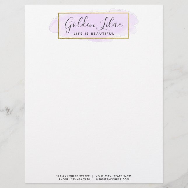 Purple Watercolor & Modern Gold Geometric Chic Letterhead (Front)