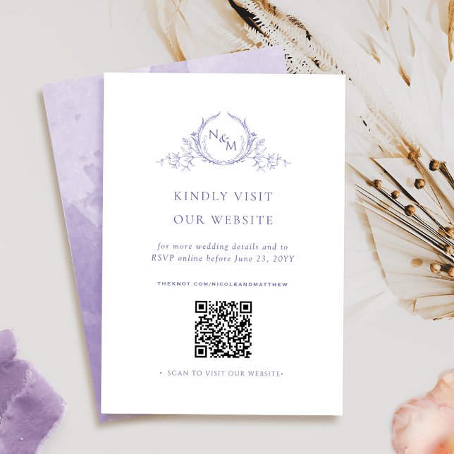 Purple Watercolor, Monogram QR Code / RSVP Online Enclosure Card (Creator Uploaded)