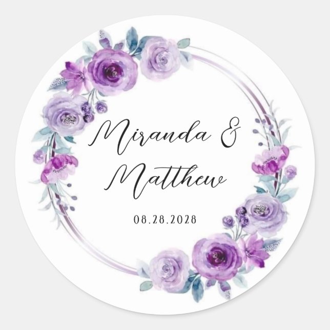 Purple Watercolor Peonies Wedding Classic Round Sticker (Front)