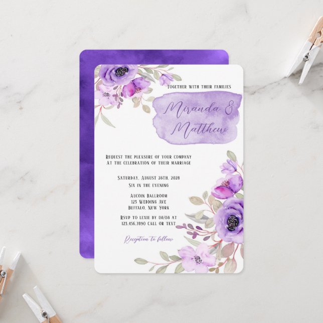 Purple Watercolor Peony Flower Wedding All In One Invitation (Front/Back In Situ)