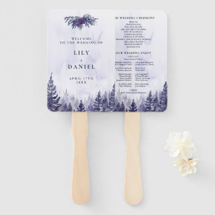 Purple Watercolor Pine Forest Wedding Program Hand Fan