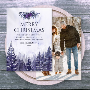 Purple Watercolor Pine Tree Forest Photo Christmas Holiday Card