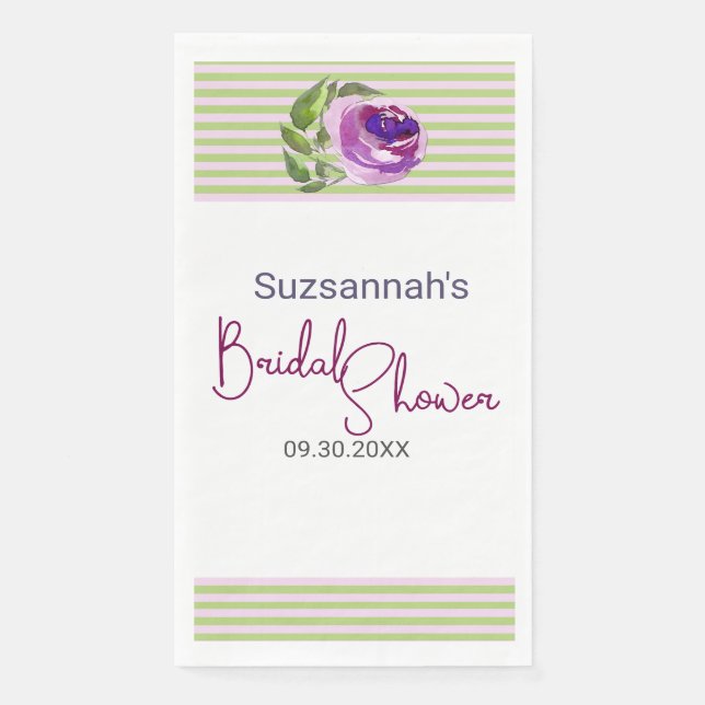 Purple Watercolor Rose Stripes Bridal Shower Napkin (Front)