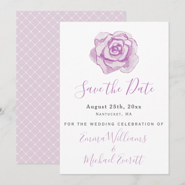 Purple Watercolor Rose  Wedding Save the Date Card (Front/Back)